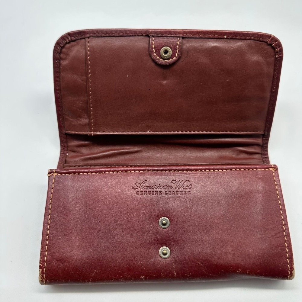 American West Wallet Burgundy Brown Floral Tooled Studded Leather Trifold - Picture 9 of 11